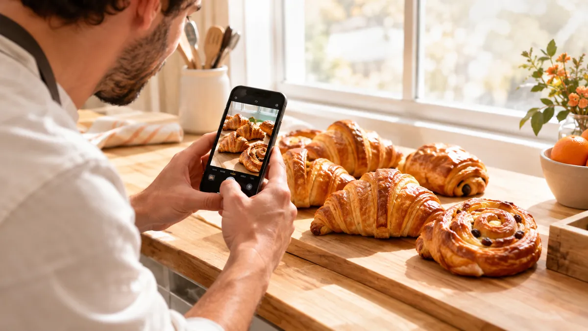 Commerçant qui photographie des viennoiseries avec son smartphone sur un plan de travail