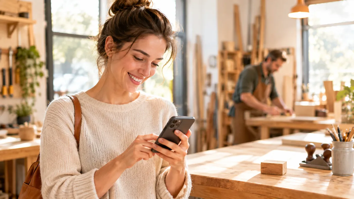 Artisane souriante qui consulte des avis clients sur son téléphone dans son atelier