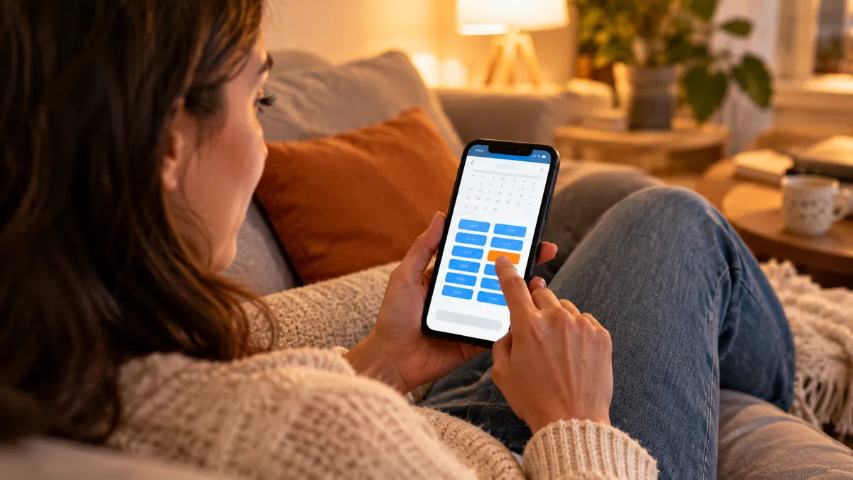 Cliente qui réserve un rendez-vous en ligne sur son smartphone, installée dans son canapé
