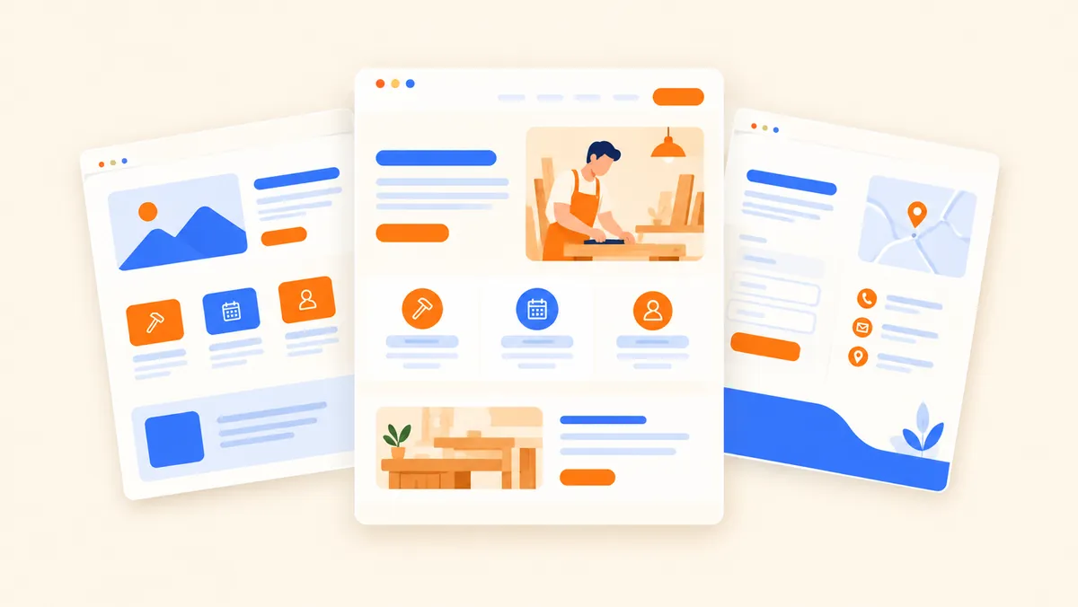 Illustration des pages d'un site vitrine d'artisan : accueil, services et contact