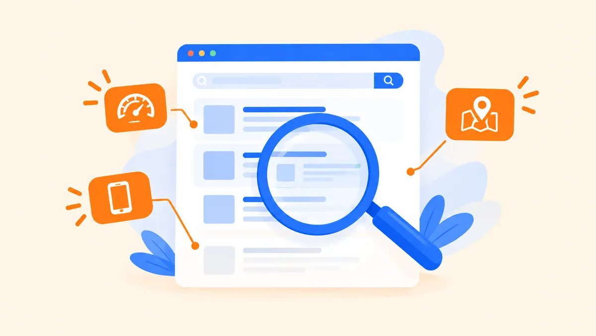 Illustration d'une page web examinée à la loupe, entourée d'icônes de vitesse, de mobile et de localisation