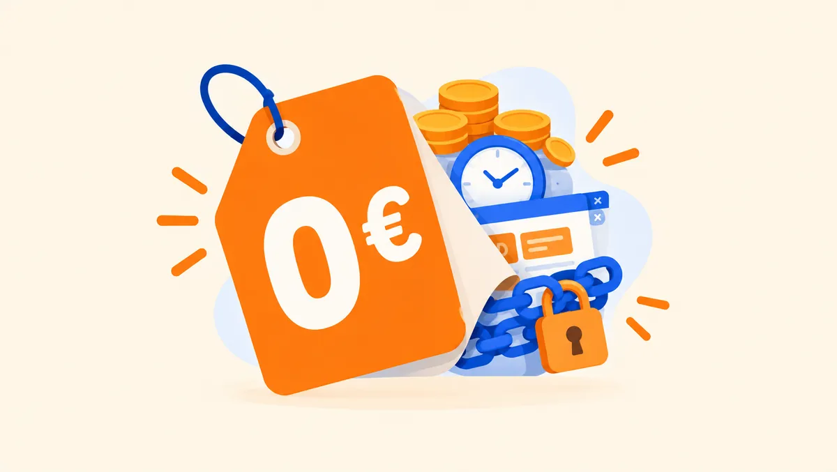 Illustration d'une étiquette « 0 € » entourée de pièces, d'une horloge et d'un cadenas, pour les coûts cachés d'un site gratuit